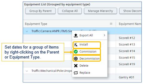 Set Dates - Group of Equipment Items